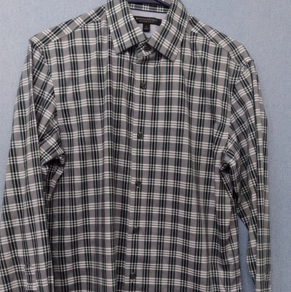 Banana Republic Non-Iron Slim Fit‎ Plaid Button Down Shirt Green Gray White Sz S